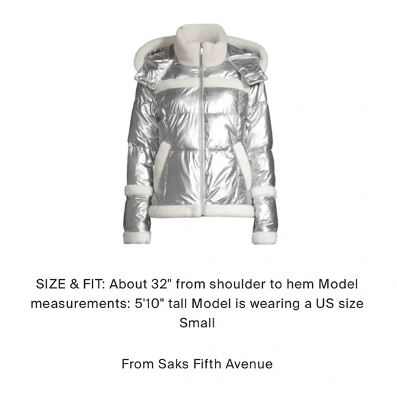 Sam Edelman METALLIC FLEECE TRIM HOODED PUFF COAT IN SILVER NWT - Picture 2 of 14